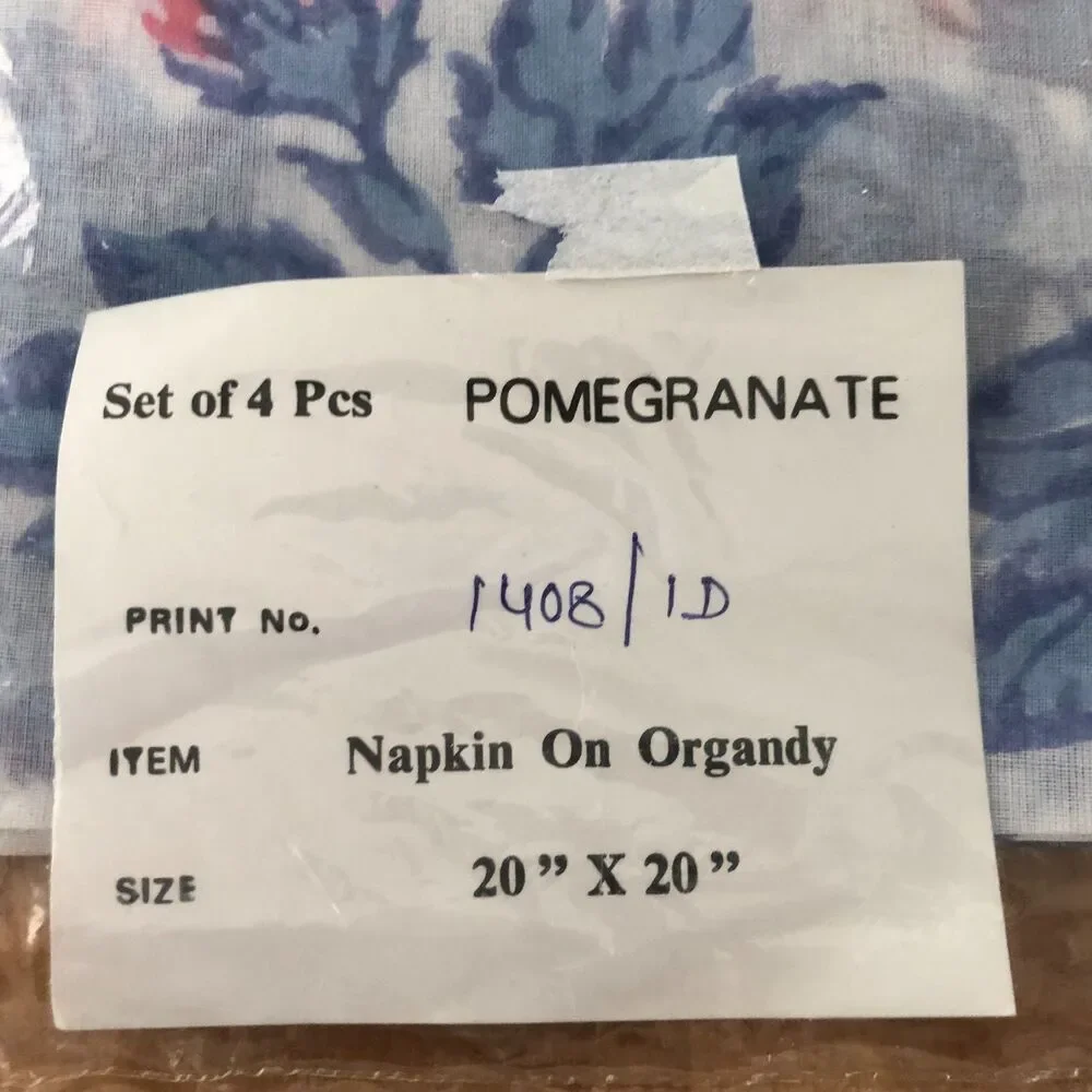 Pomegranate Napkins Set of 4 On Organdy Blue Pink Red 20x20